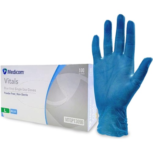 Medicom Vitals Vinyl Gloves Large Powder Free Blue Pks of 100